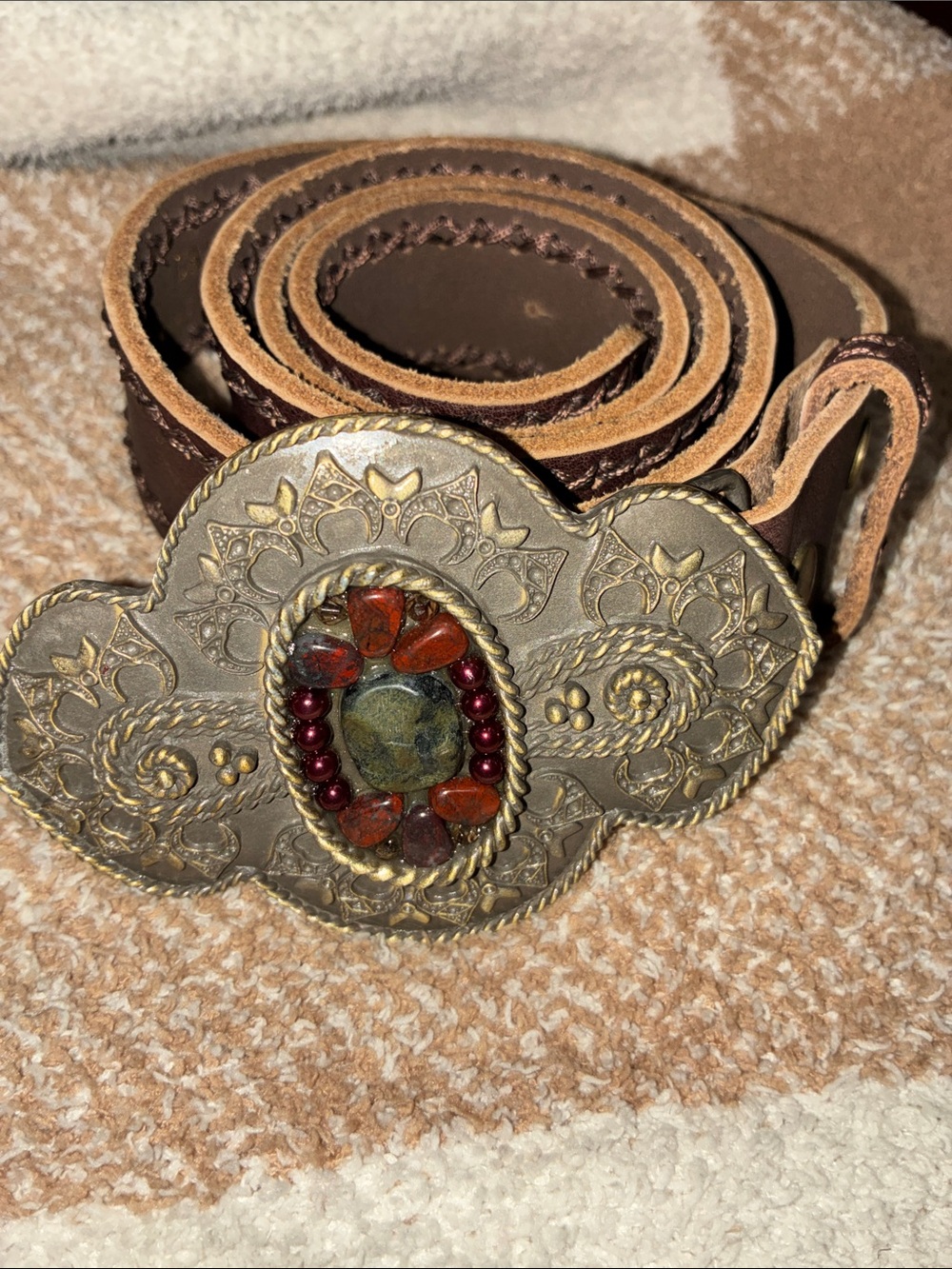 CAbi Brown Leather Belt with Ornate Brass-Tone Floral Buckle and Red Accents - Picture 8 of 8